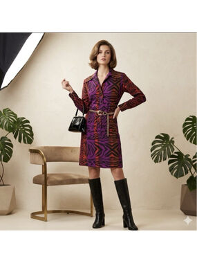 Vintage 1970s Lanvin Paris New York Abstract Print Shirt Dress Sz 8